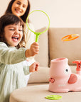 Elephant-Shaped Flying Disc Launcher for Kids – Indoor and Outdoor Fun, Includes Discs, Net, and Safety Glasses, Pink and Green 0