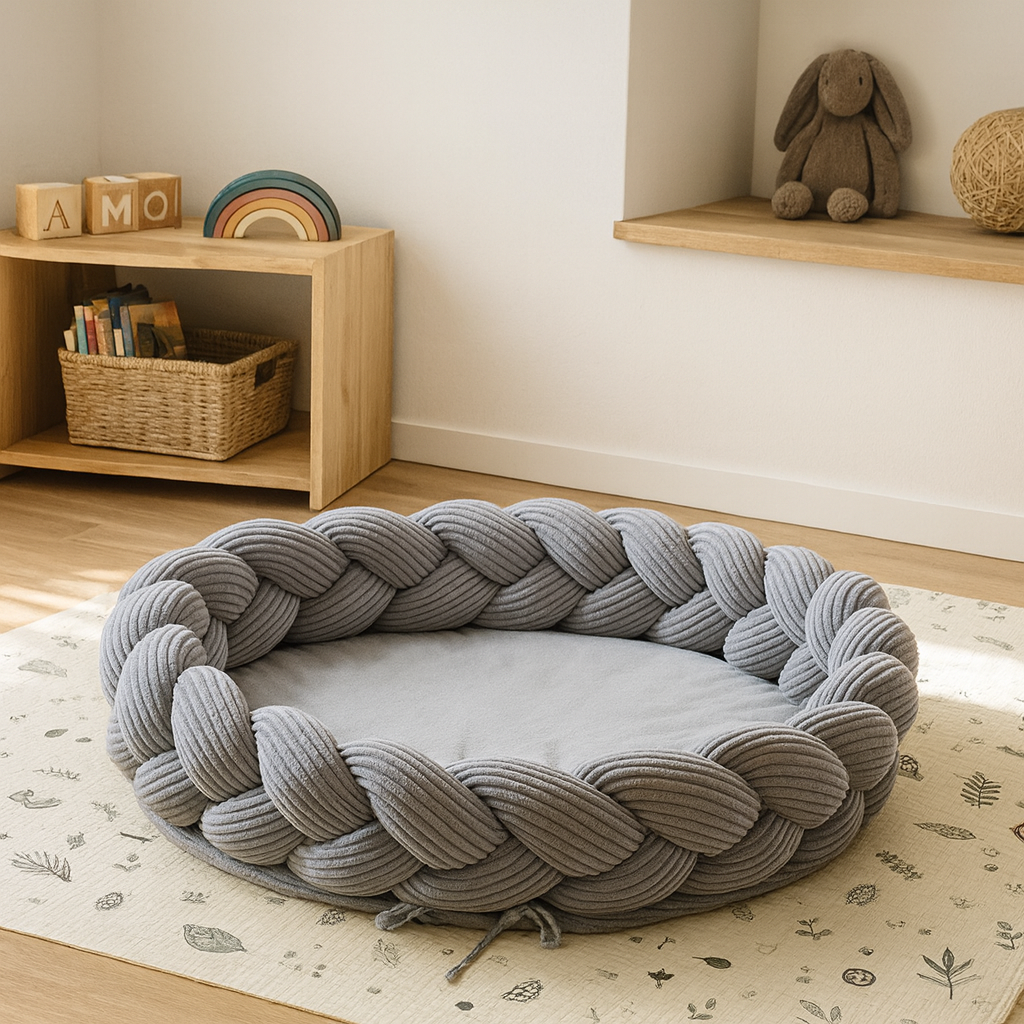 Baby Nest and Play Mat with Braided Crib Bumper – Hypoallergenic Soft Cotton, 100 cm Diameter, Grey, Safe for Newborns 0