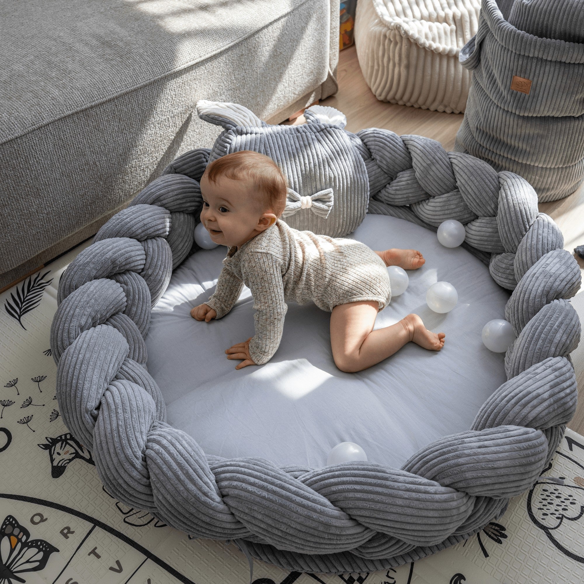 Baby Nest and Play Mat with Braided Crib Bumper – Hypoallergenic Soft Cotton, 100 cm Diameter, Grey, Safe for Newborns 4