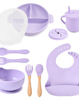 Complete Baby Tableware Set with Food-Grade Silicone and Wooden Handles – Non-Slip Plate, Bowl, Cutlery, and Accessories 0