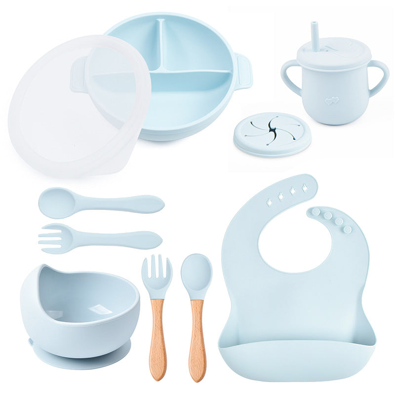 Complete Baby Tableware Set with Food-Grade Silicone and Wooden Handles – Non-Slip Plate, Bowl, Cutlery, and Accessories 1
