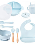 Complete Baby Tableware Set with Food-Grade Silicone and Wooden Handles – Non-Slip Plate, Bowl, Cutlery, and Accessories 1