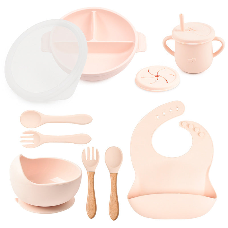 Complete Baby Tableware Set with Food-Grade Silicone and Wooden Handles – Non-Slip Plate, Bowl, Cutlery, and Accessories 2