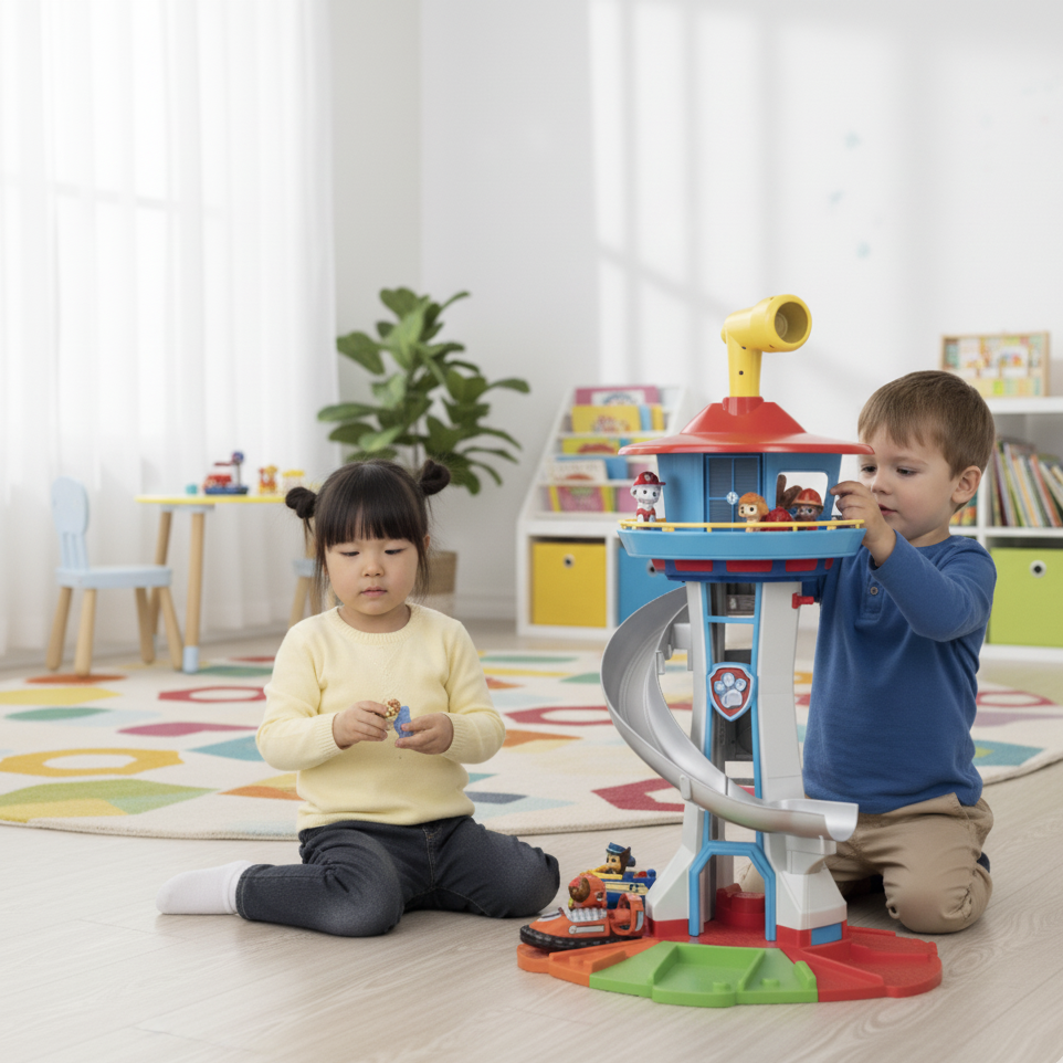 Two children playing with a toy tower set in a room with books and toys.