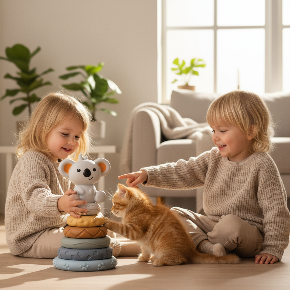 Two children playing with a toy and a cat in a cozy living room.