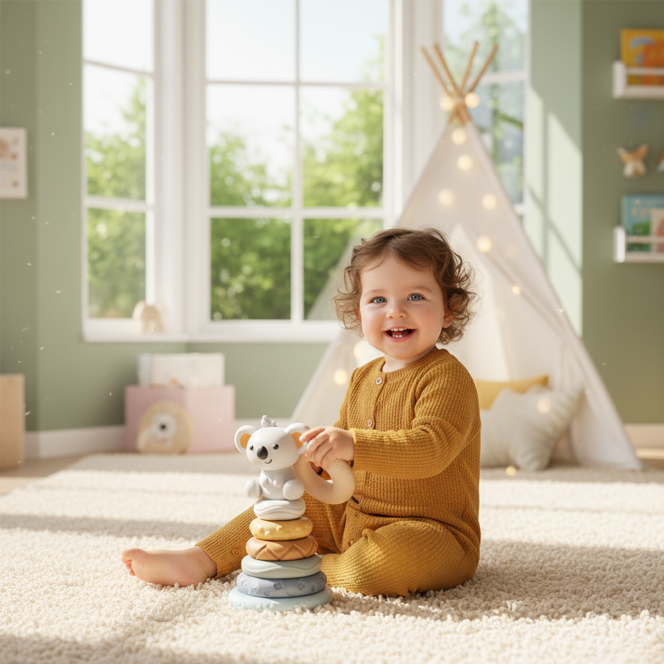 Child playing with a stack of colorful toys in a bright, playroom setting.