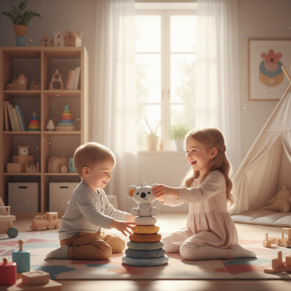 Two children playing with toys in a bright, well-decorated room.