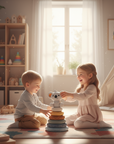 Two children playing with toys in a bright, well-decorated room.