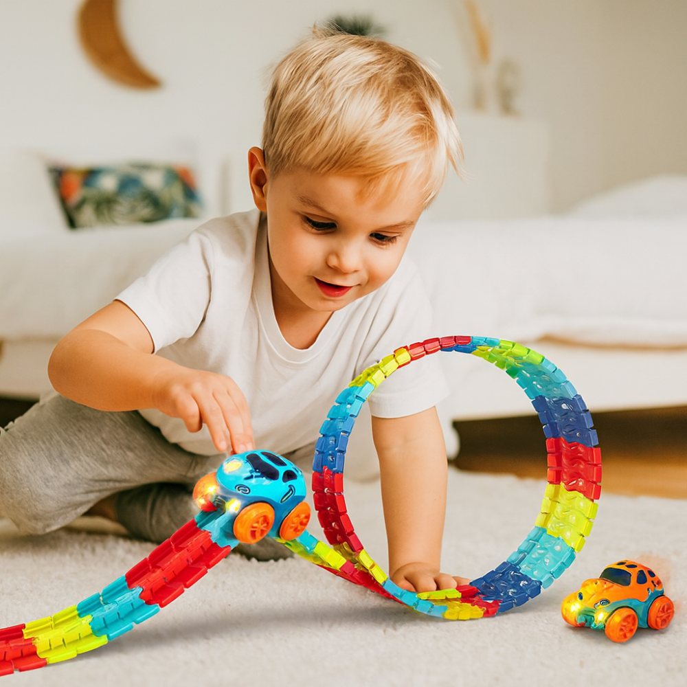 Kids Race Track Car Set with Flexible Loop Stunts – Interactive Racing Game for Ages 3+, Anti-Roll Stunt Cars, Customizable Track 8