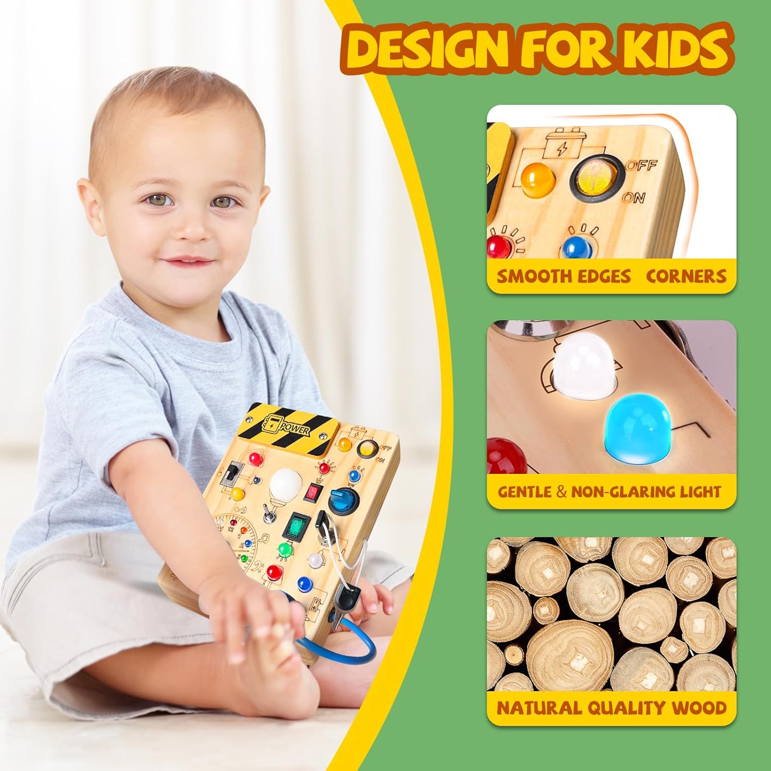 Montessori Busy Board with LED Lights – Educational Wooden Infant Toy for Fine Motor Skills and Color Recognition 4
