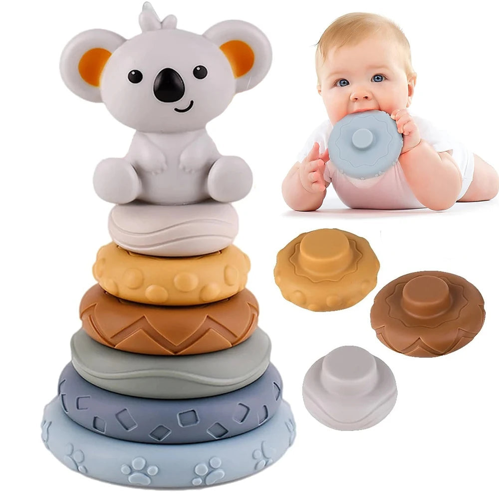 Montessori Stacking Tower Toy for Infants – Wooden Stacking Cups for Motor Skills Development, Koala Design 0