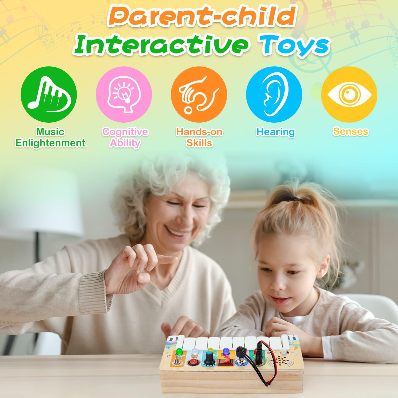 Montessori Wooden Piano Activity Board – Educational Toy for 3 Year Olds with Lights, Sounds, and Interactive Elements 3