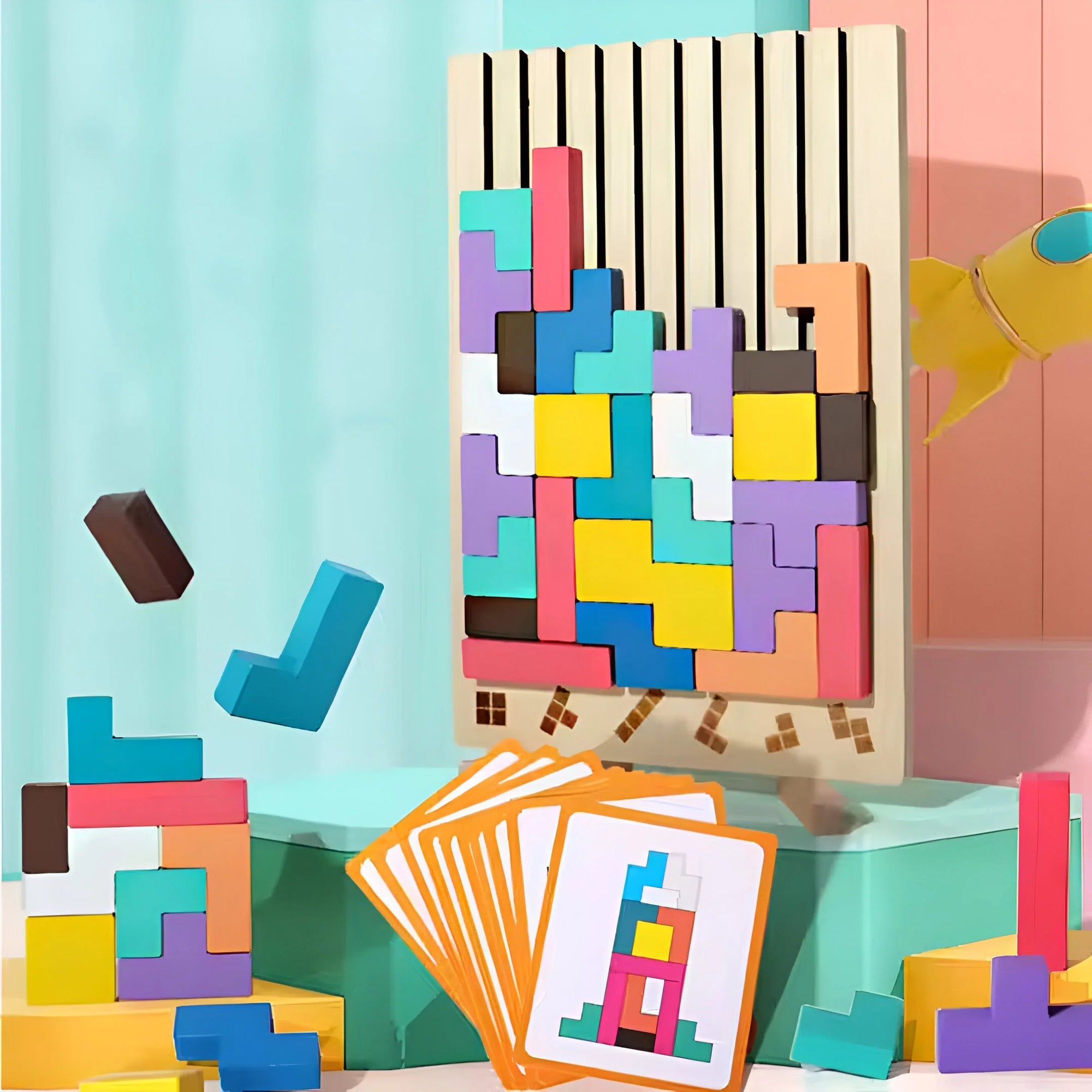 Montessori Wooden Tetris Stacking Tower Game for Ages 3 and Up – Educational Stack Blocks with Challenge Cards 0